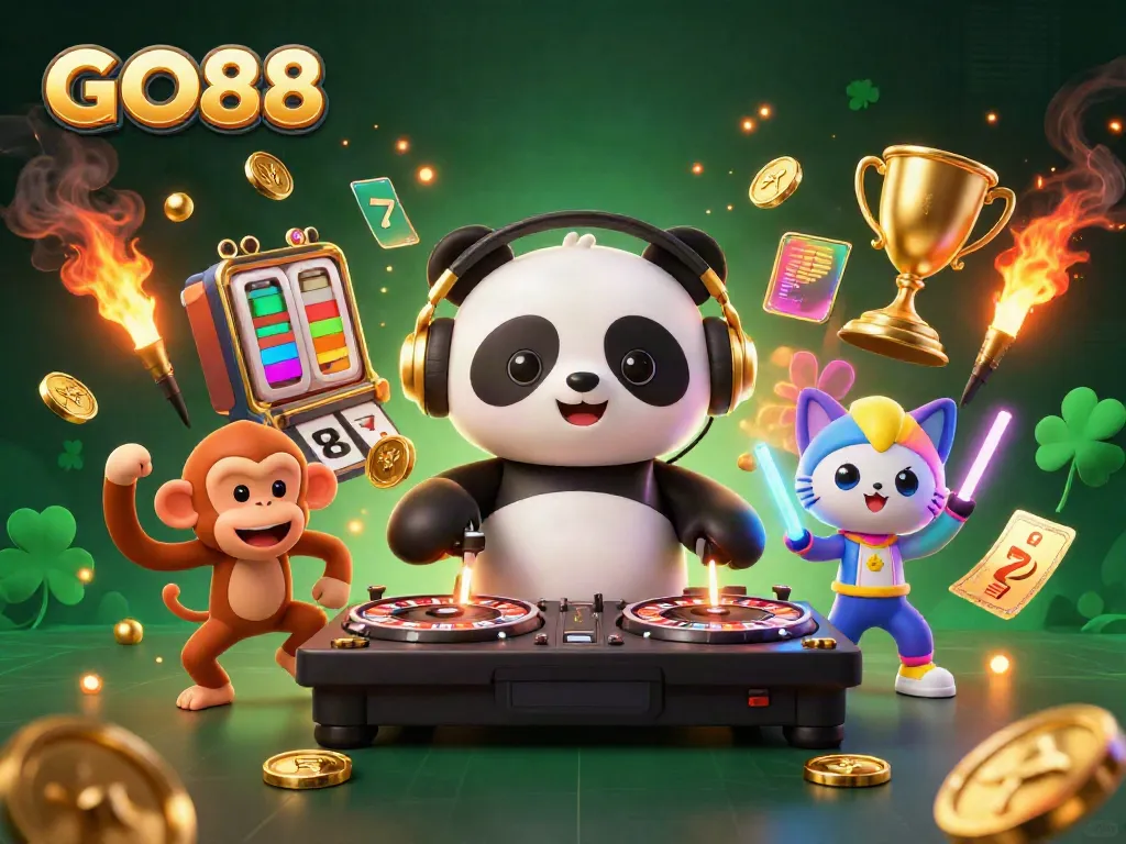 GO88's thrilling 3D casino scene featuring a DJ panda, dancing monkey, and glow-stick kitten amid slot reels.