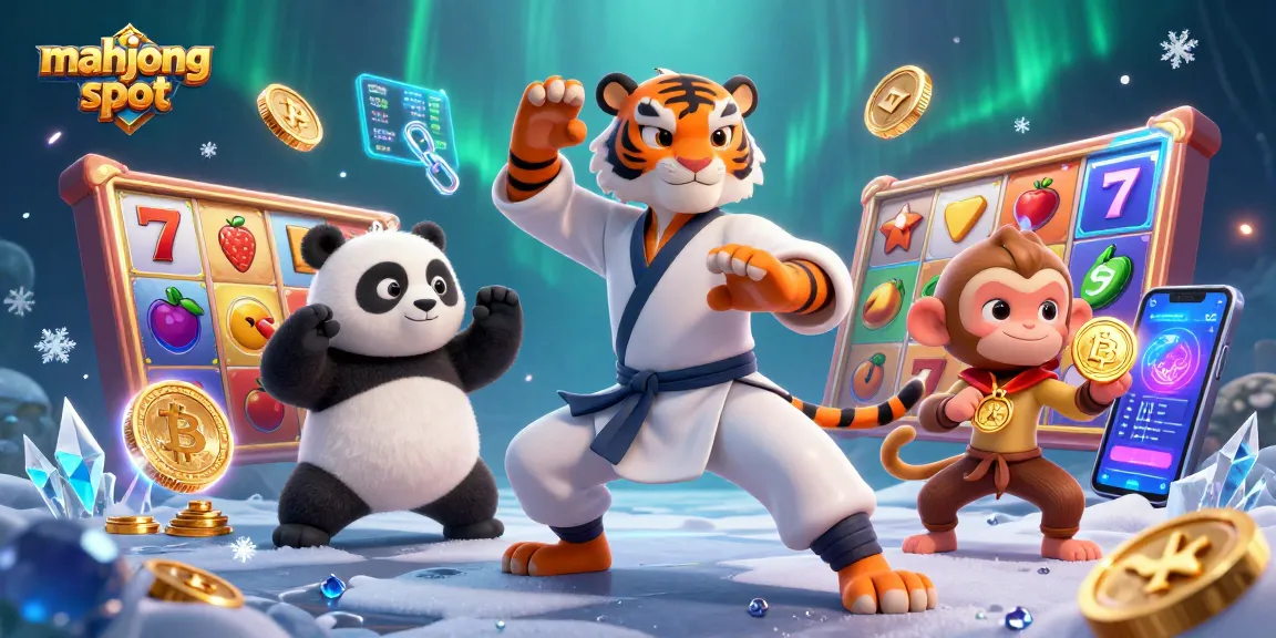 Play mahjong slot with a kung fu tiger master and his panda disciple amid vibrant slot and crypto elements.