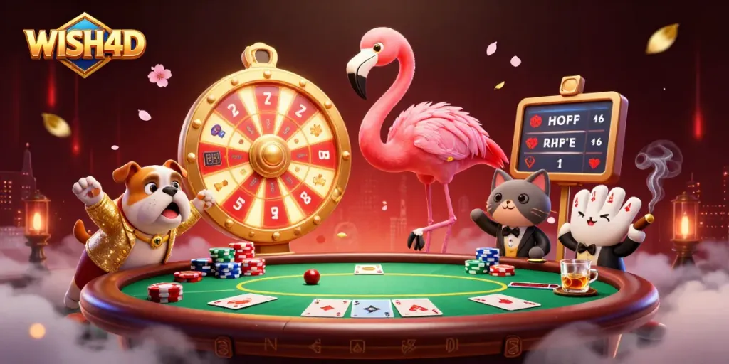 WISH4D engages players with exciting prize reveals and vibrant casino elements in a dynamic scene.
