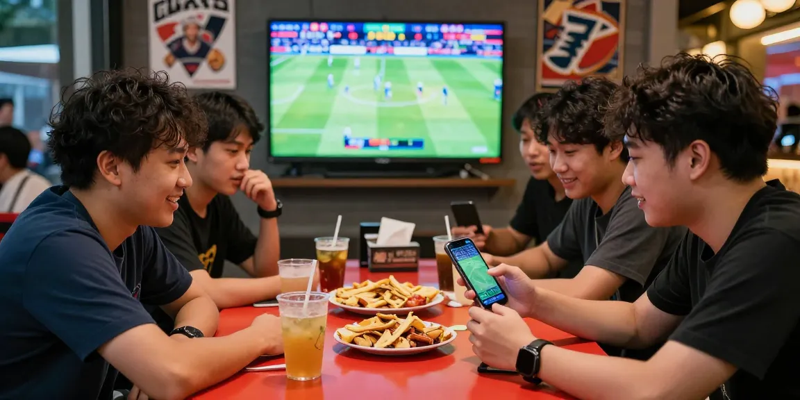 Friends excitedly engaging with rokok88 sports betting during a live game.
