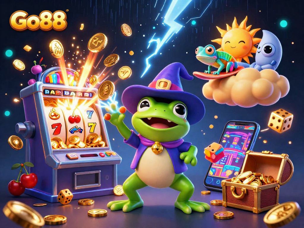 Experience the excitement of Go88 with a vibrant 3D illustration showcasing golden jackpot wins and casino fun.