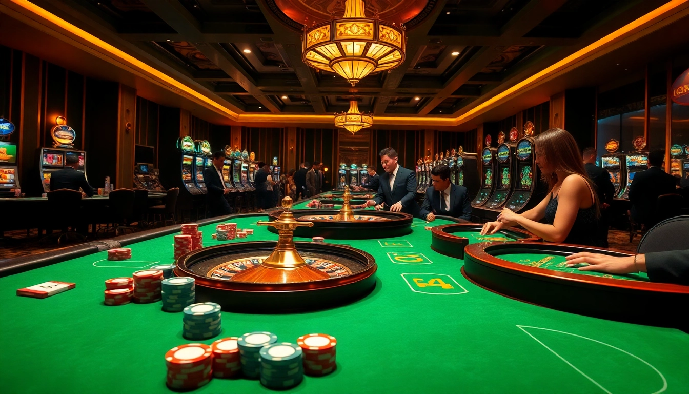 Scène engageante mettant en avant un site de casino en ligne dynamique avec des joueurs à des tables et des machines à sous.