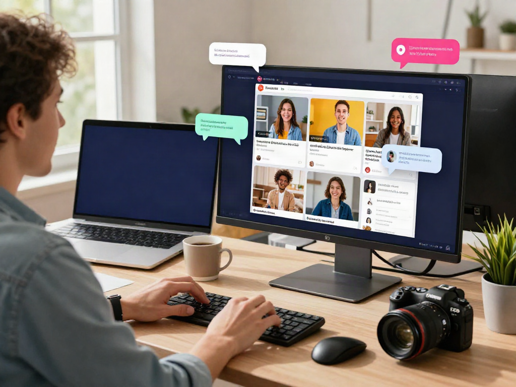 Engaging online community scene with rokok88 interacting in a vibrant digital workspace.