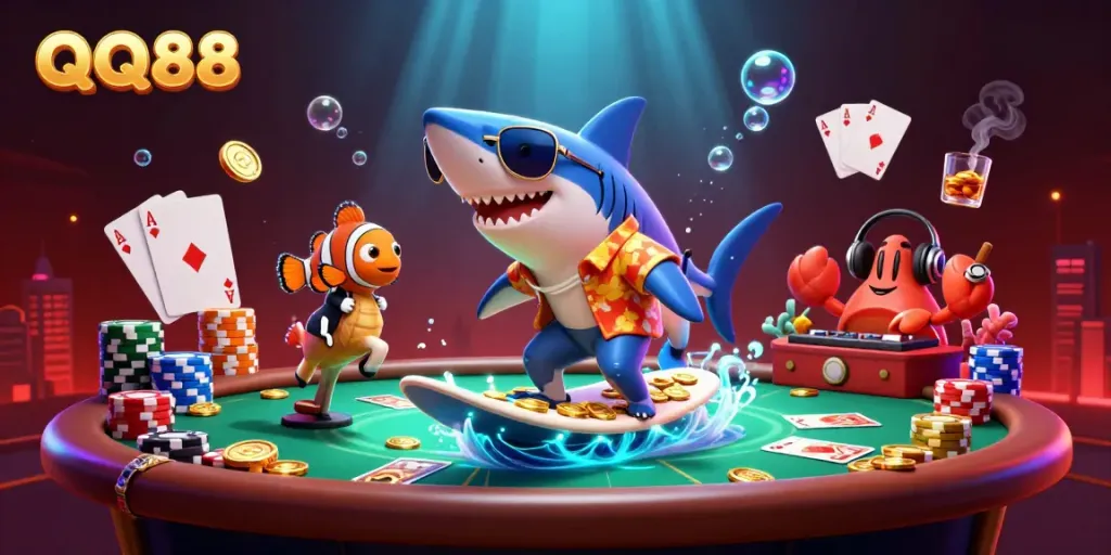 Experience QQ88 with an ultra-detailed 3D casino scene featuring a surfing shark, vibrant colors, and rich gaming elements.