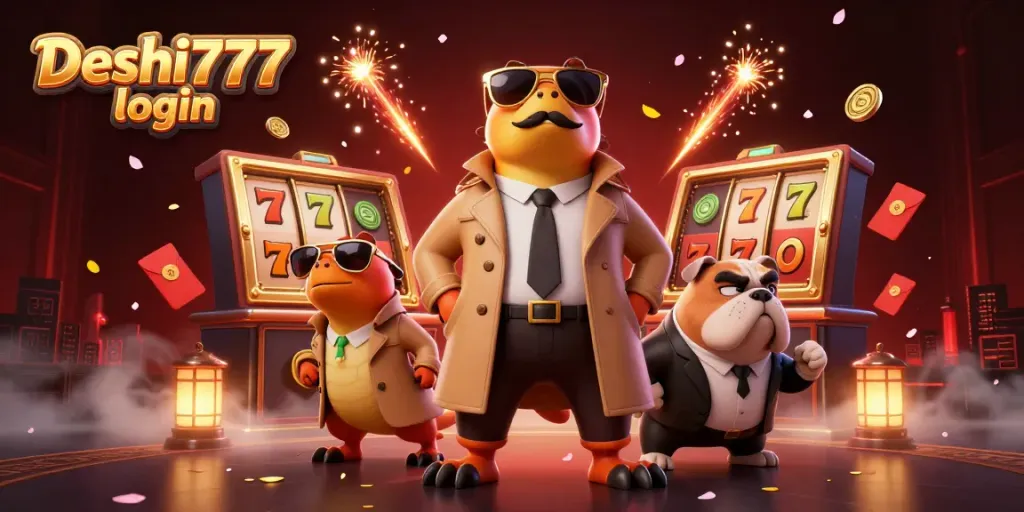 Experience secure Deshi777 login with cartoon raptors at a casino; vibrant and dynamic scene.
