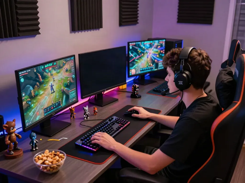 Player engaged in ahha4d gaming setup with multiple monitors and LED lights