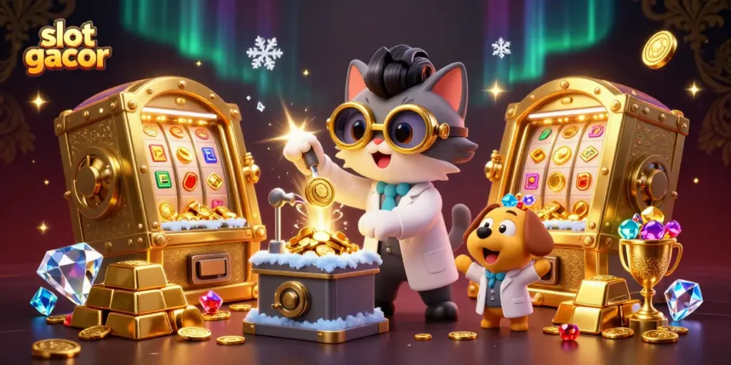 Engage with slot gacor machines as a mad scientist cat and a dog create treasures in a colorful casino
