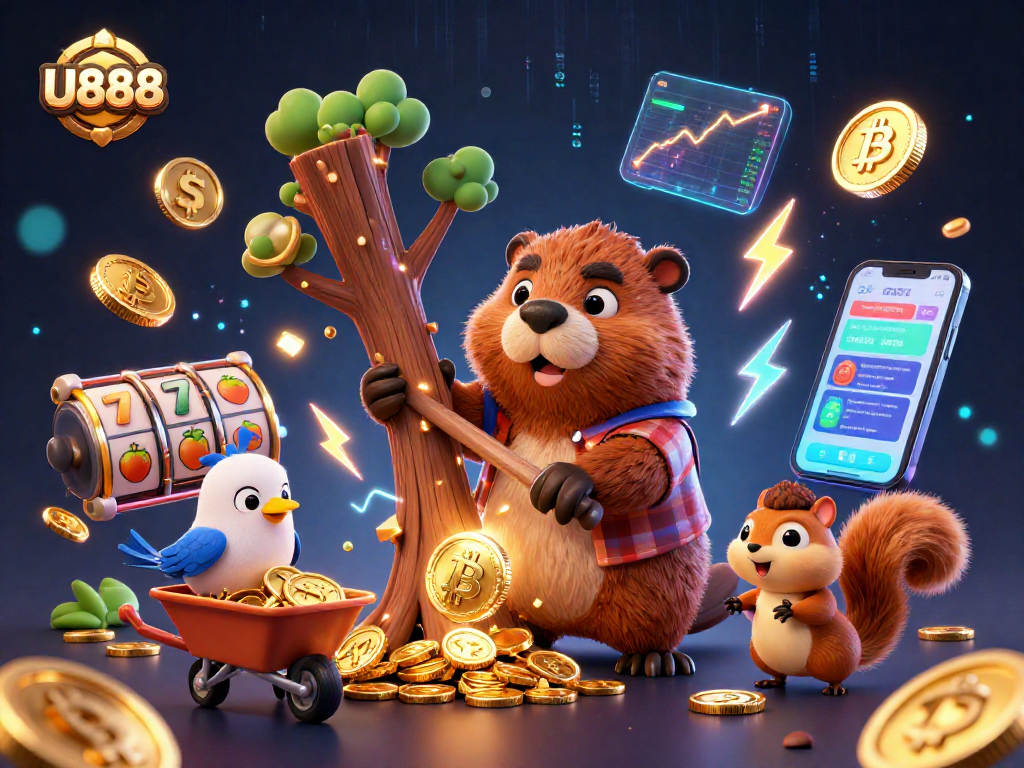 U888 players enjoy slots as a beaver collects gold coins in a vibrant casino scene.