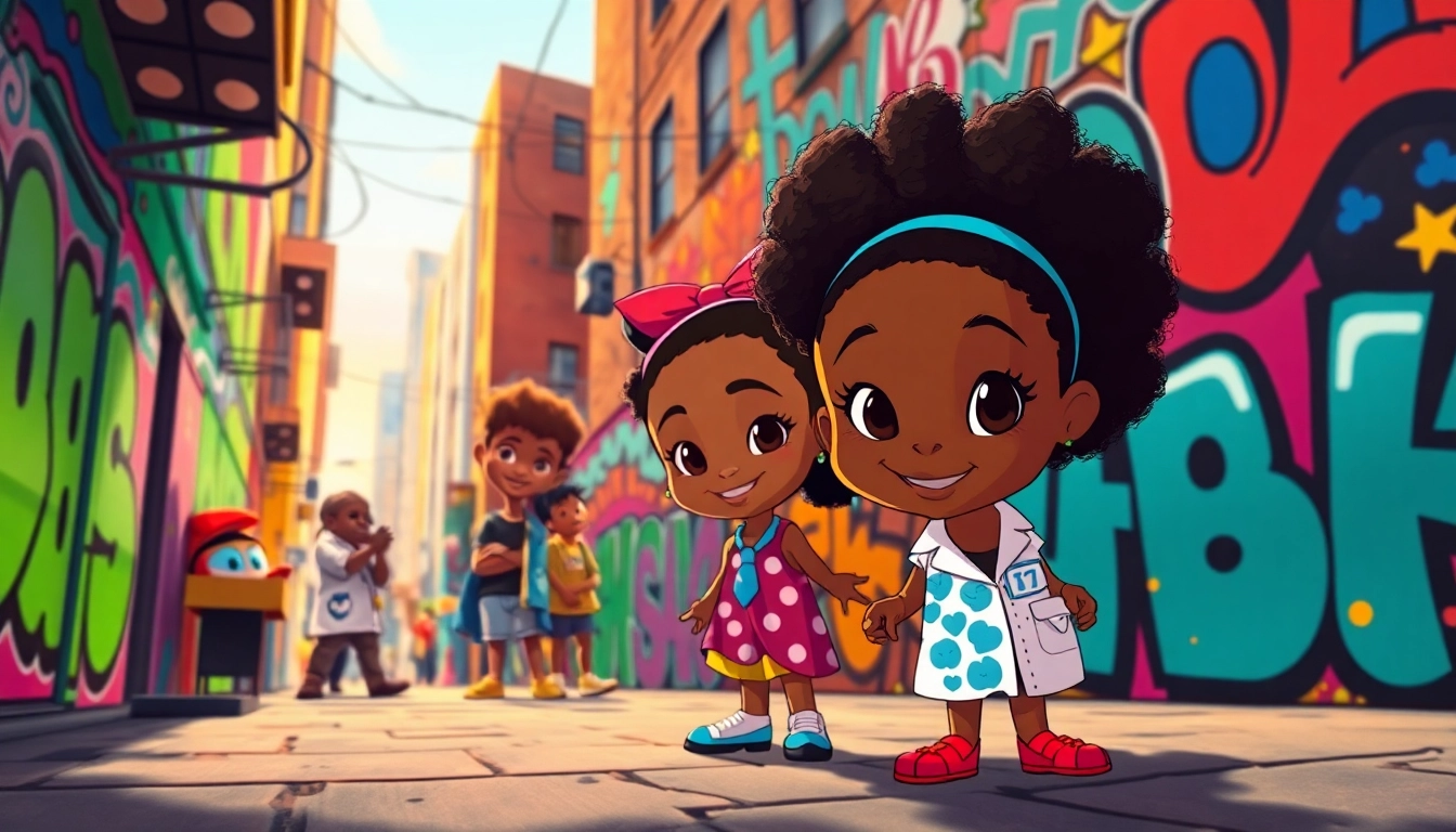 A collection of African American Cartoons showcasing iconic characters like Huey and Riley Freeman in a vibrant urban setting.