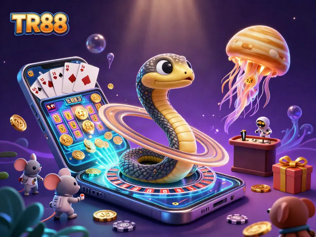 Engage with TR88 in a captivating cosmic casino scene filled with astronauts and vibrant games.