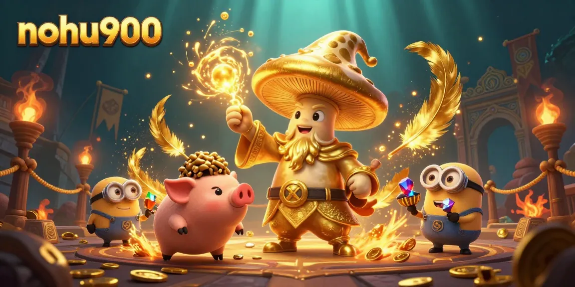 Nohu900 features a magical scene with a golden wizard and treasures, enhancing gaming excitement.