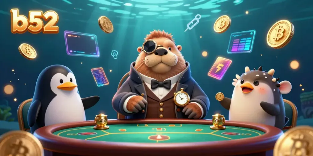 Join the jolly walrus at the b52 poker table with a bluffing pufferfish in an underwater casino scene.