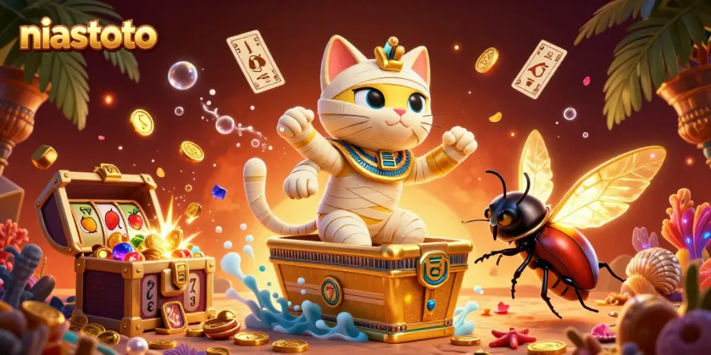 Experience exciting gameplay with niastoto in a vibrant 3D Egyptian casino featuring animated characters and dynamic game elements.