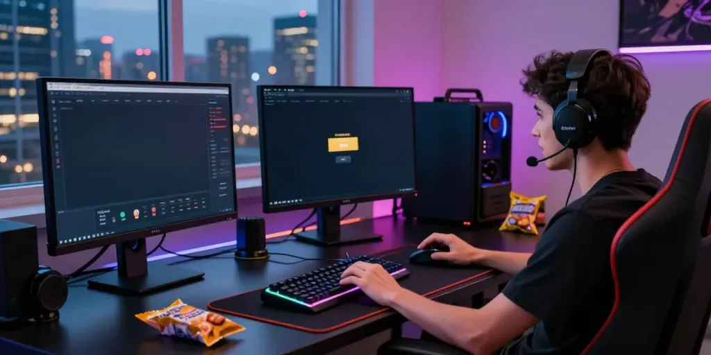 Exciting moment of a player engaging with situs slot777 on a gaming setup, showcasing the vibrant interface and accessories.