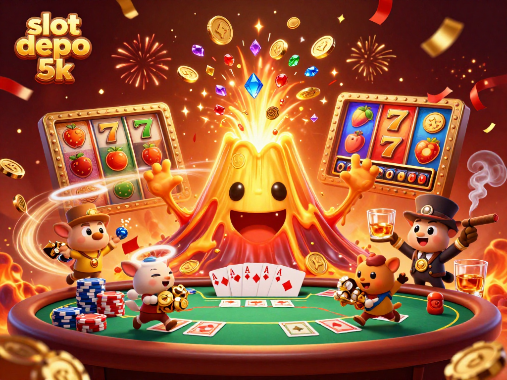 Experience slot depo 5k excitement with a vibrant eruption of coins and gems in a lively casino atmosphere.