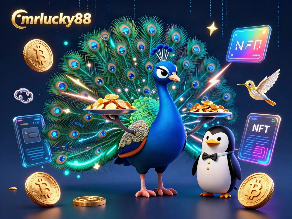Experience the vibrant mrlucky88 gaming scene with a majestic peacock, a butler penguin, and a hummingbird.