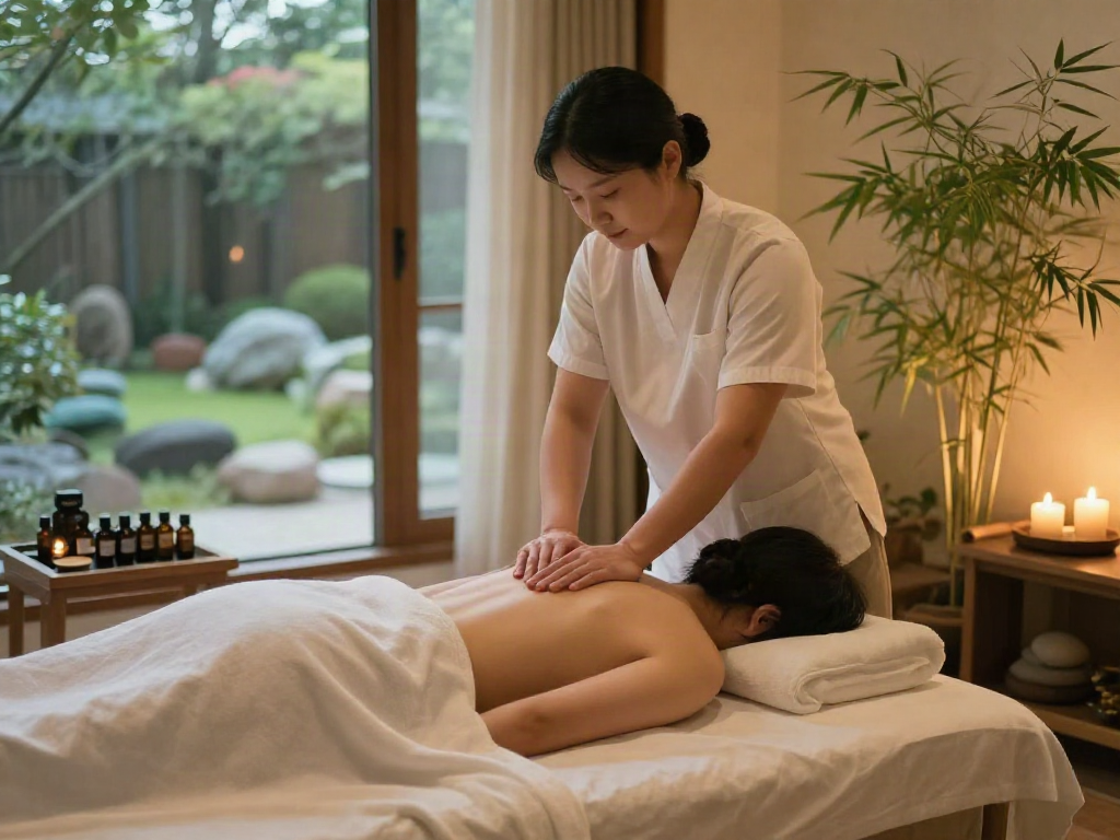 A tranquil spa scene featuring 화성출장안마, with a therapist providing a soothing massage in a serene environment.