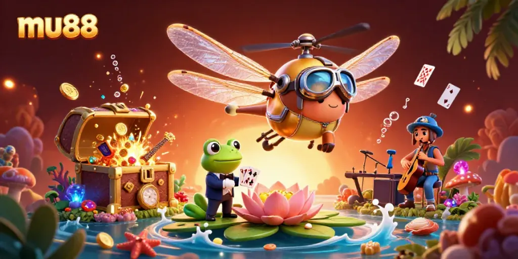 Experience thrilling games at mu88, where a frog croupier deals cards in a lively casino scene.