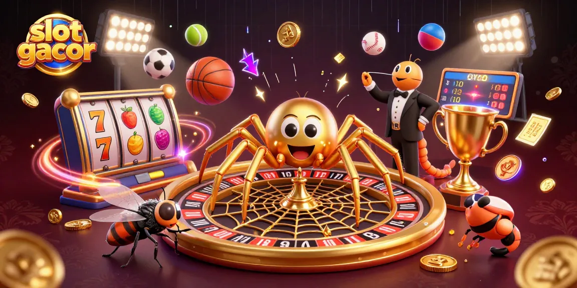 Engage with slot gacor excitement while betting alongside a golden spider and centipede in a vibrant casino scene.