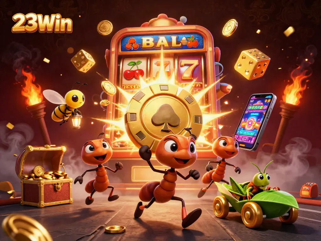 Engage with 23Win's winning atmosphere featuring playful cartoon ants on a daring heist for golden poker chips.