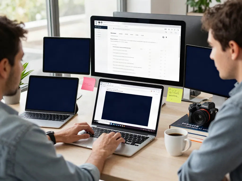 User accessing 최신주소 site via laptop in a vibrant home office, showcasing organized workspace with tech gadgets.