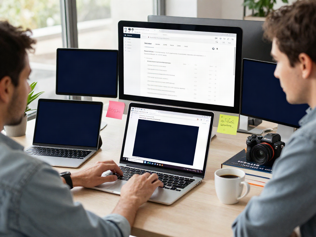 User accessing 최신주소 site via laptop in a vibrant home office, showcasing organized workspace with tech gadgets.