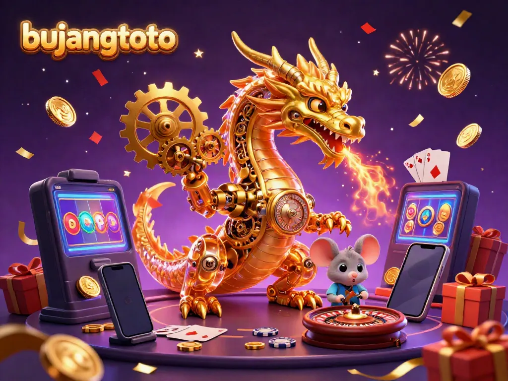 Unleashing excitement with bujangtoto as a golden dragon breathes gears in a casino scene filled with games.