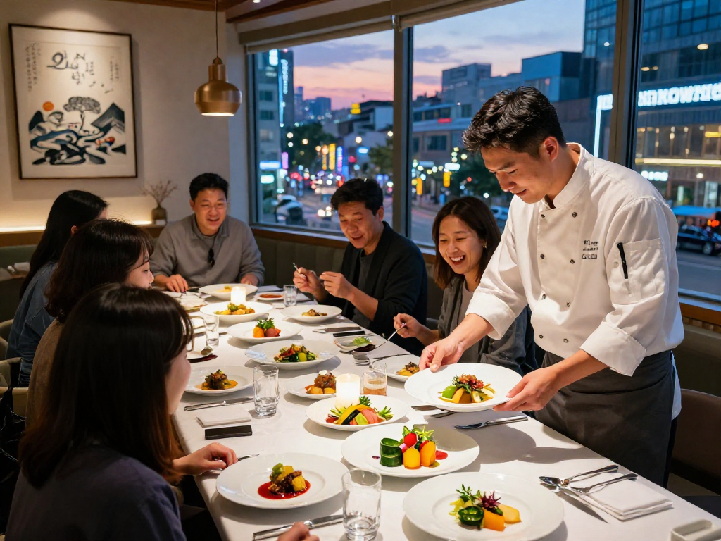 강남 달토의 현대적인 레스토랑에서 셰프가 정성껏 요리를 준비하는 모습