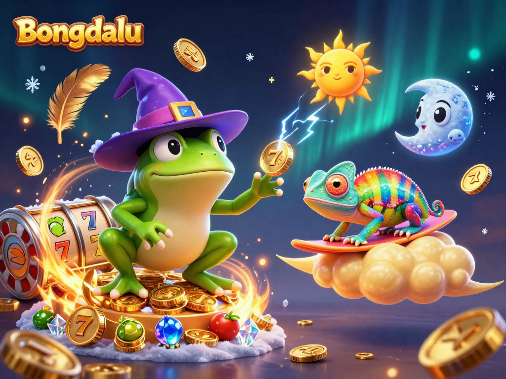 Bongdalu showcases a vibrant 3D scene of a wizard frog and a chameleon amidst a flurry of golden slot symbols.