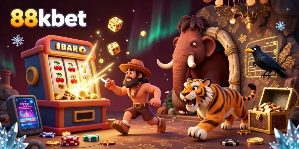 Play exciting casino games at 88kbet with a vibrant prehistoric setting featuring bold characters and thrilling jackpots.