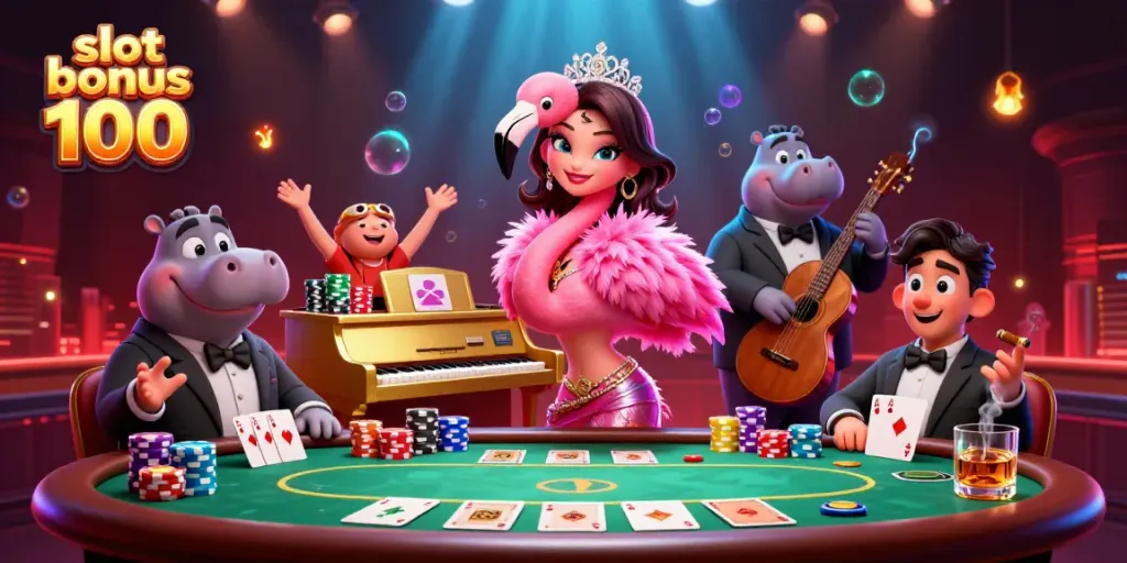 Experience the excitement of slot bonus 100 in a vibrant casino scene with musicians and game elements.