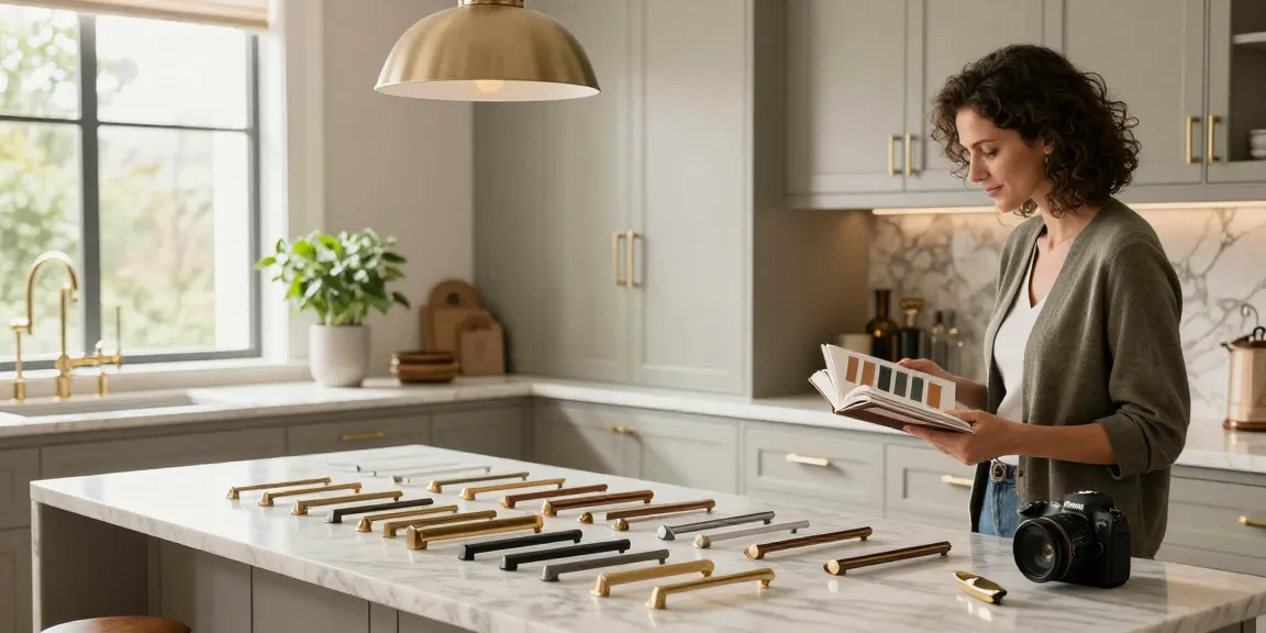 Stylish designer evaluating luxurious handles in a modern kitchen setting.