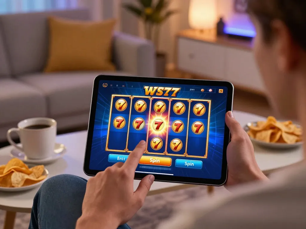 Engage with exciting slot77 gameplay on a cozy home tablet gaming setup.