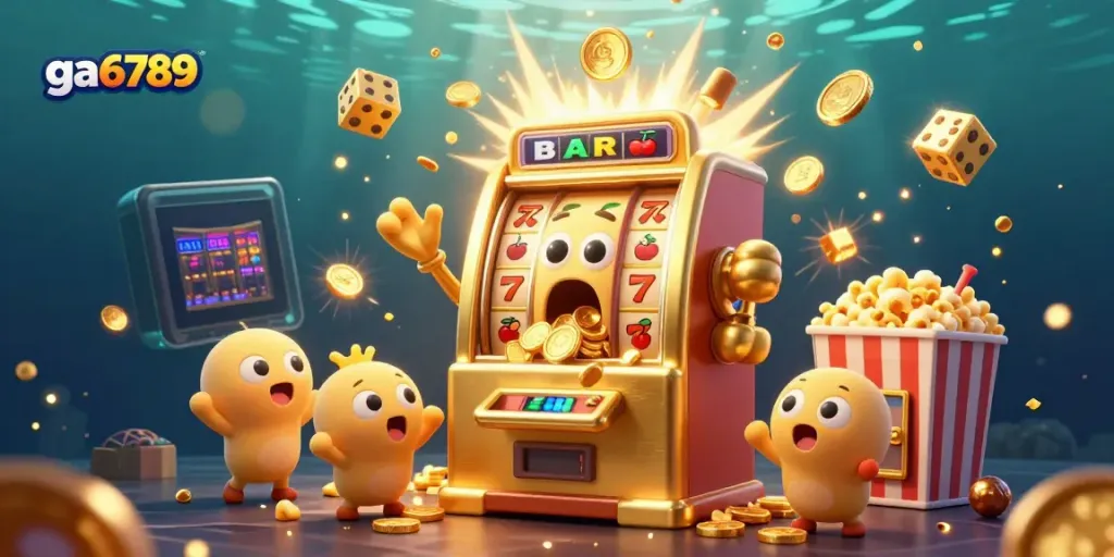 Celebrate a big win at ga6789 as colorful coins pour from a golden slot machine's mouth in this lively 3D scene.