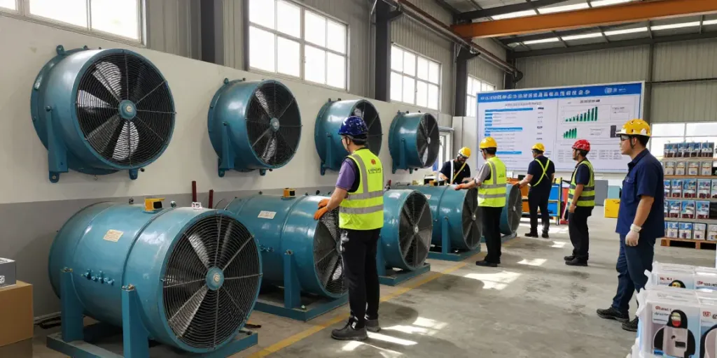 Quạt công nghiệp đang hoạt động tại nhà xưởng với công nhân làm việc an toàn và hiệu quả.