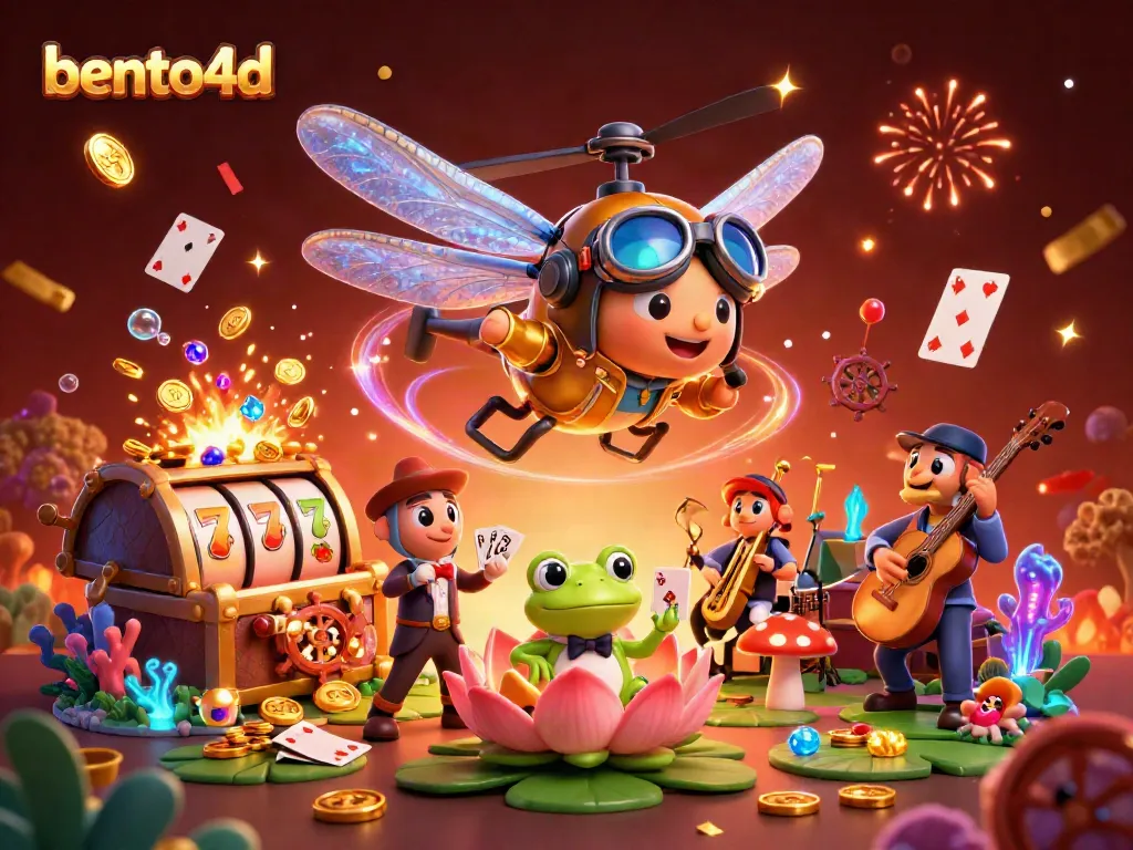 Experience bento4d with a vibrant casino scene featuring a dragonfly pilot, frog dealer, and jewel treasures.