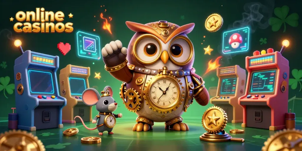 Engage with online casinos featuring a time-traveler owl amid vibrant gaming elements and casino symbols.