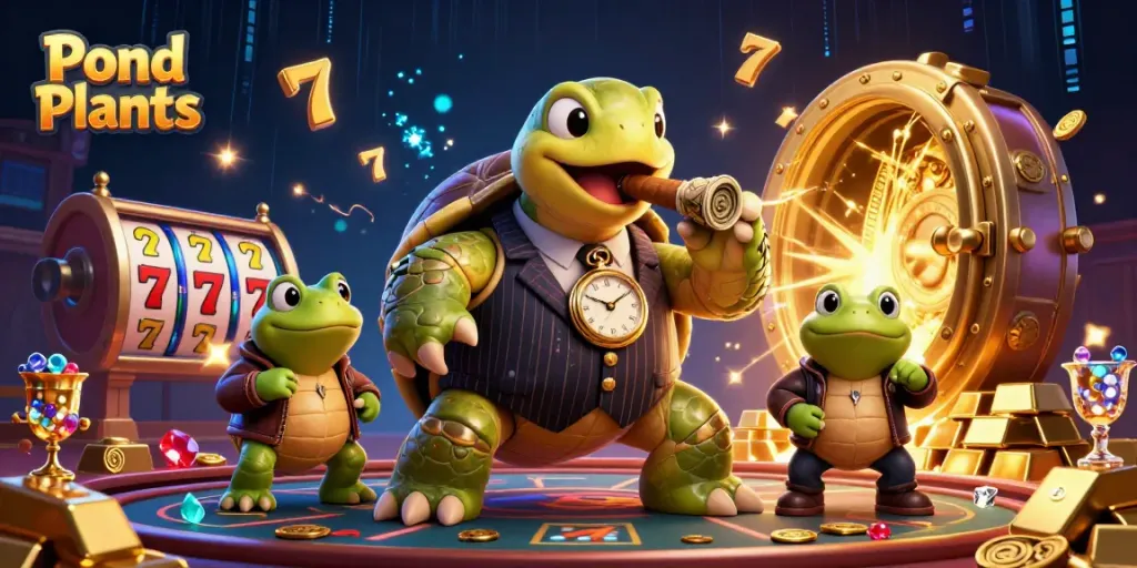 Pond Plants interactive scene featuring a snapping turtle and bullfrog enforcers amid casino symbols.