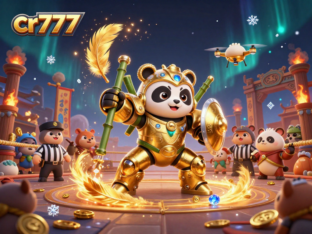 Gambar cr777 menawarkan suasana kasino dengan panda emas bertarung dalam arena, dikelilingi penonton hewan.
