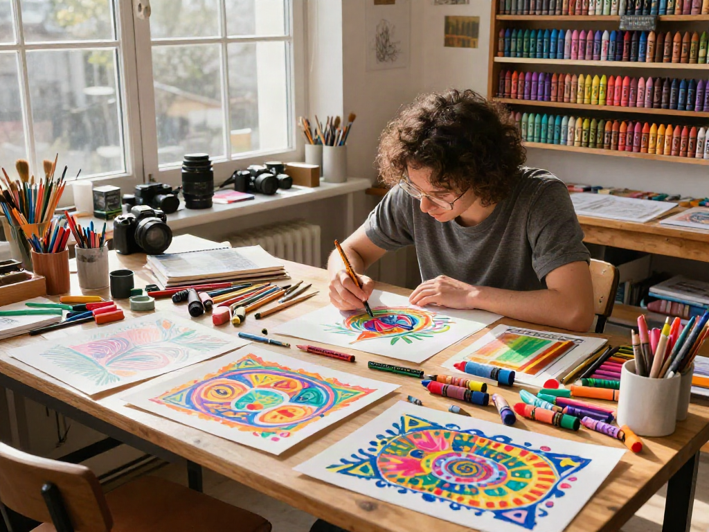 Artist using vibrant crayons at a colorful art studio highlighting crayon manufacturers' products.