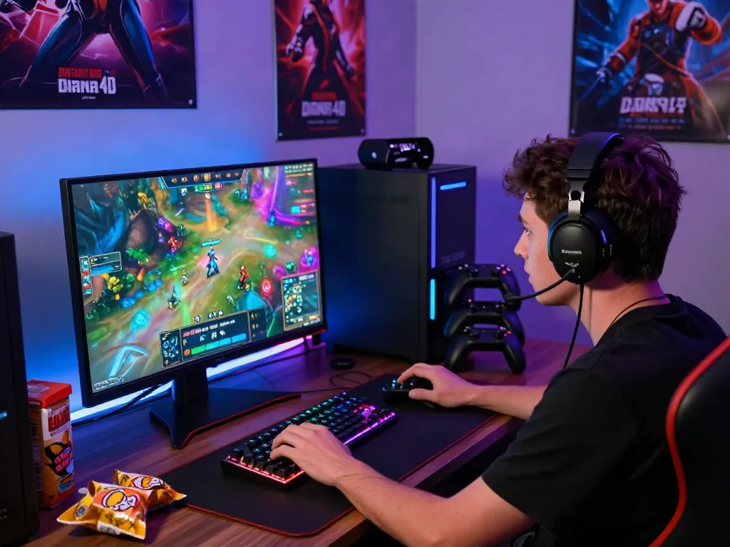 Seorang pemain terlibat dalam permainan Diana4D, dikelilingi aksesori gaming menarik dan pencahayaan LED yang dinamis.