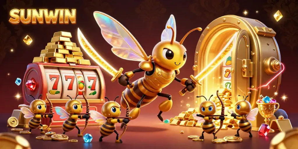 Engage in the thrilling world of SUNWIN with a vibrant casino-themed illustration showcasing slot reels, gold, and dynamic characters.
