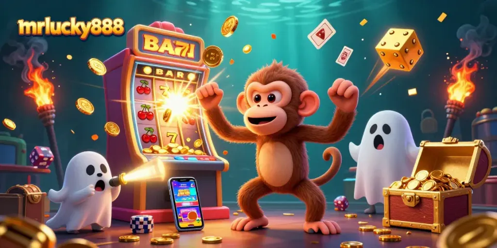 Engage with mrlucky888's captivating casino scene featuring a poltergeist monkey and ghost-hunter puppy.