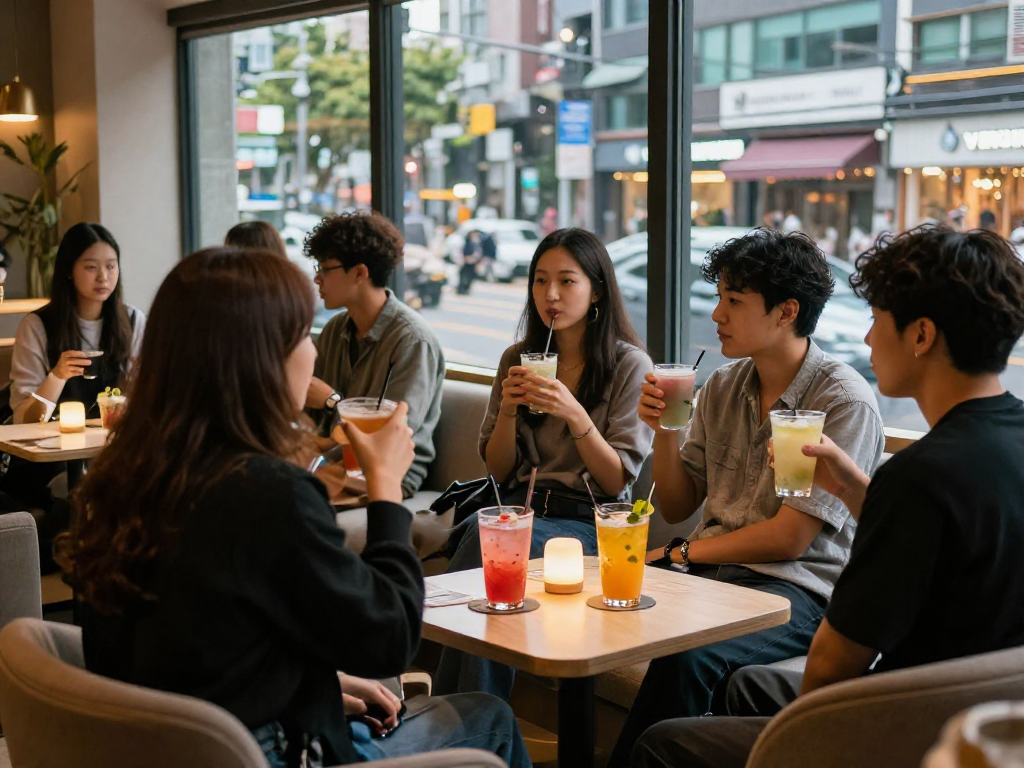 강남쩜오에서 친구들과 함께 즐거운 시간을 보내는 현대적인 분위기