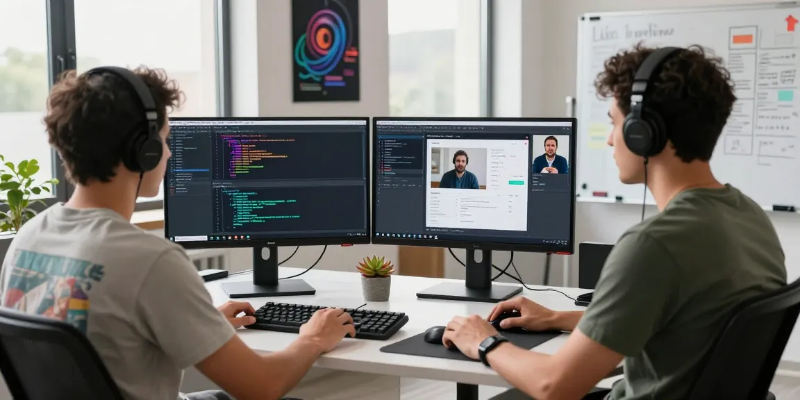 Motchill software developer working in a modern office with coding screens.