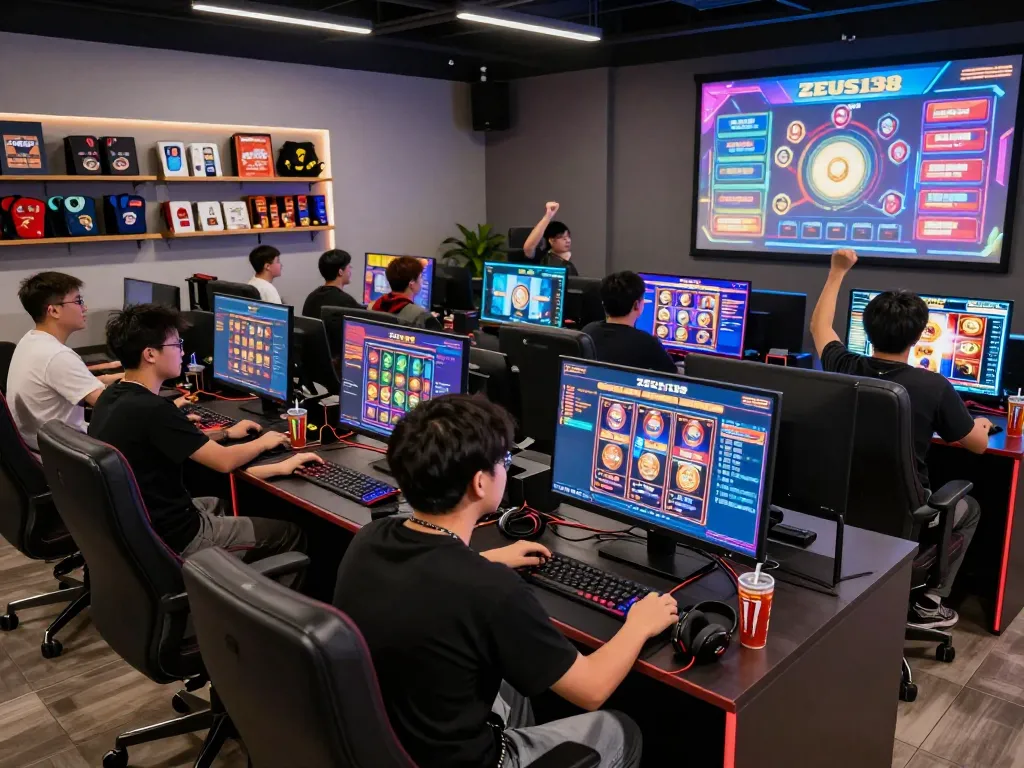 Engaged players enjoying Zeus138 slot games in a vibrant gaming lounge with dynamic screens.