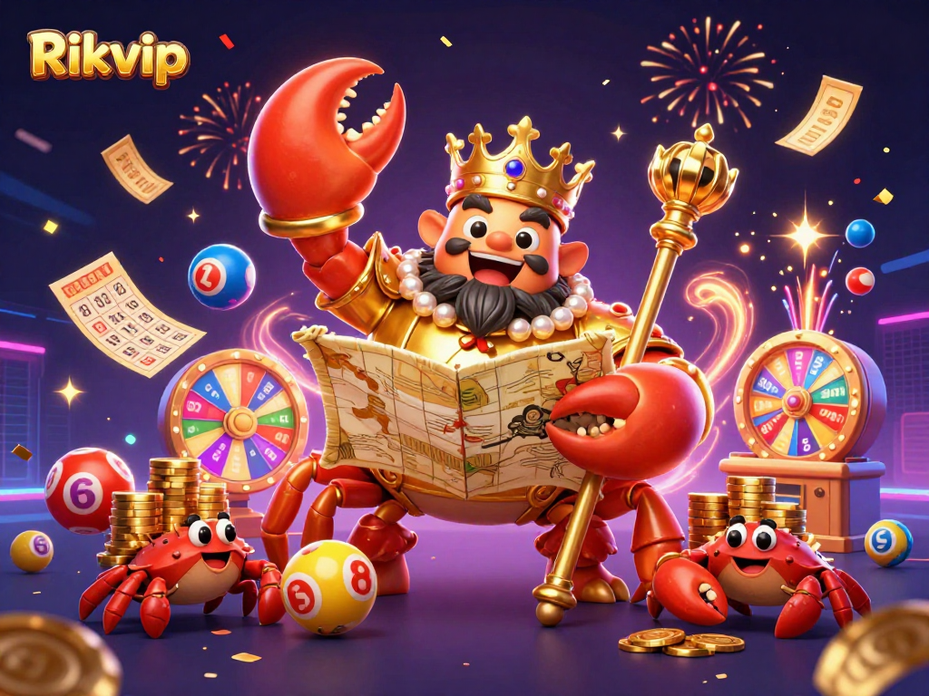 Experience exciting games at Rikvip with a golden crab emperor surrounded by vibrant casino elements.