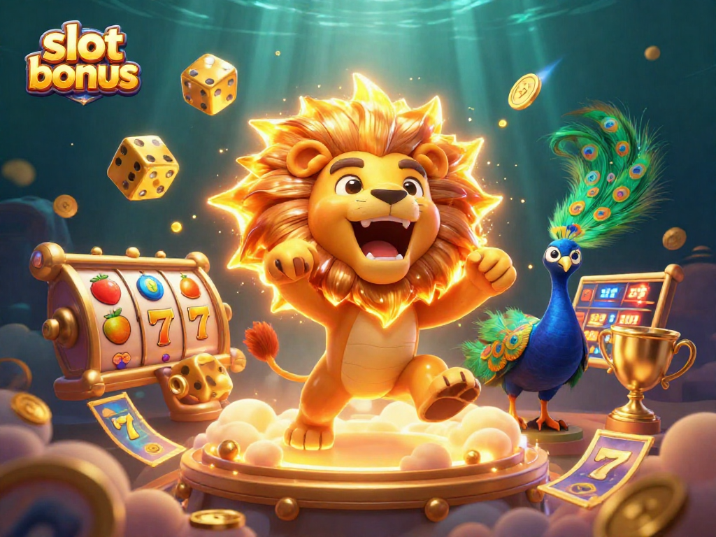 Engage with slot bonus opportunities as the majestic sun lion triumphs with slot reels in a vibrant casino scene.