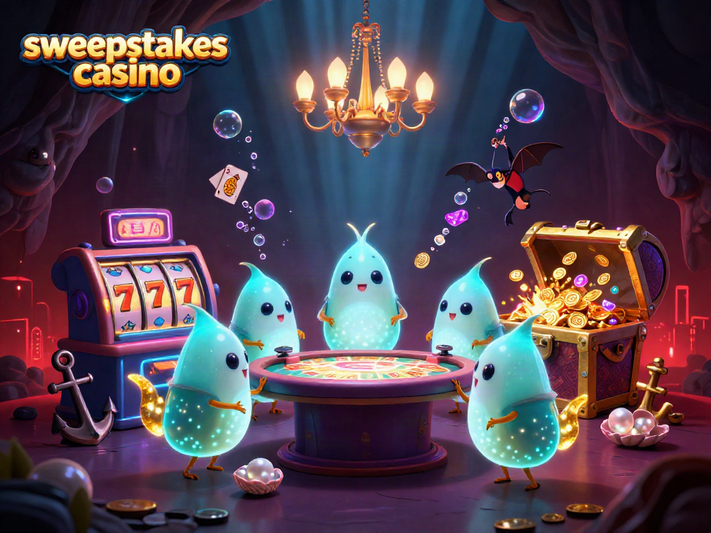 Sweepstakes casino scene with glowworms and a bat dealer lighting up an underwater treasure cave.