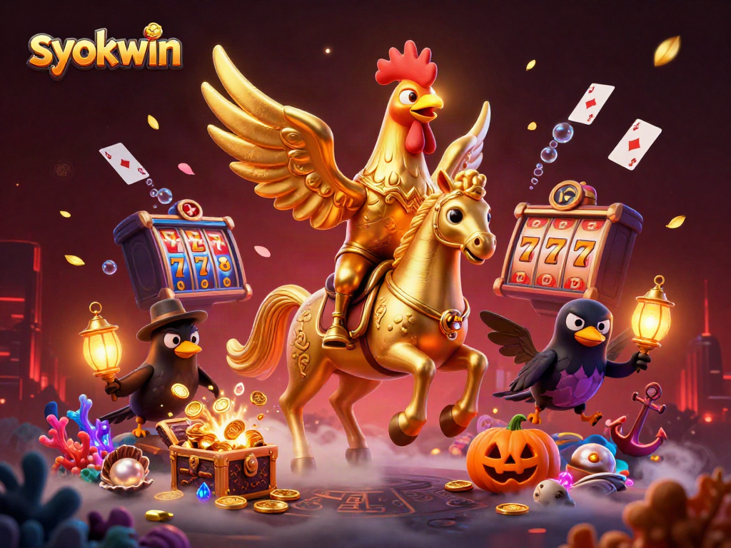 syokwin players enjoying vibrant 3D casino with golden rooster and treasure elements